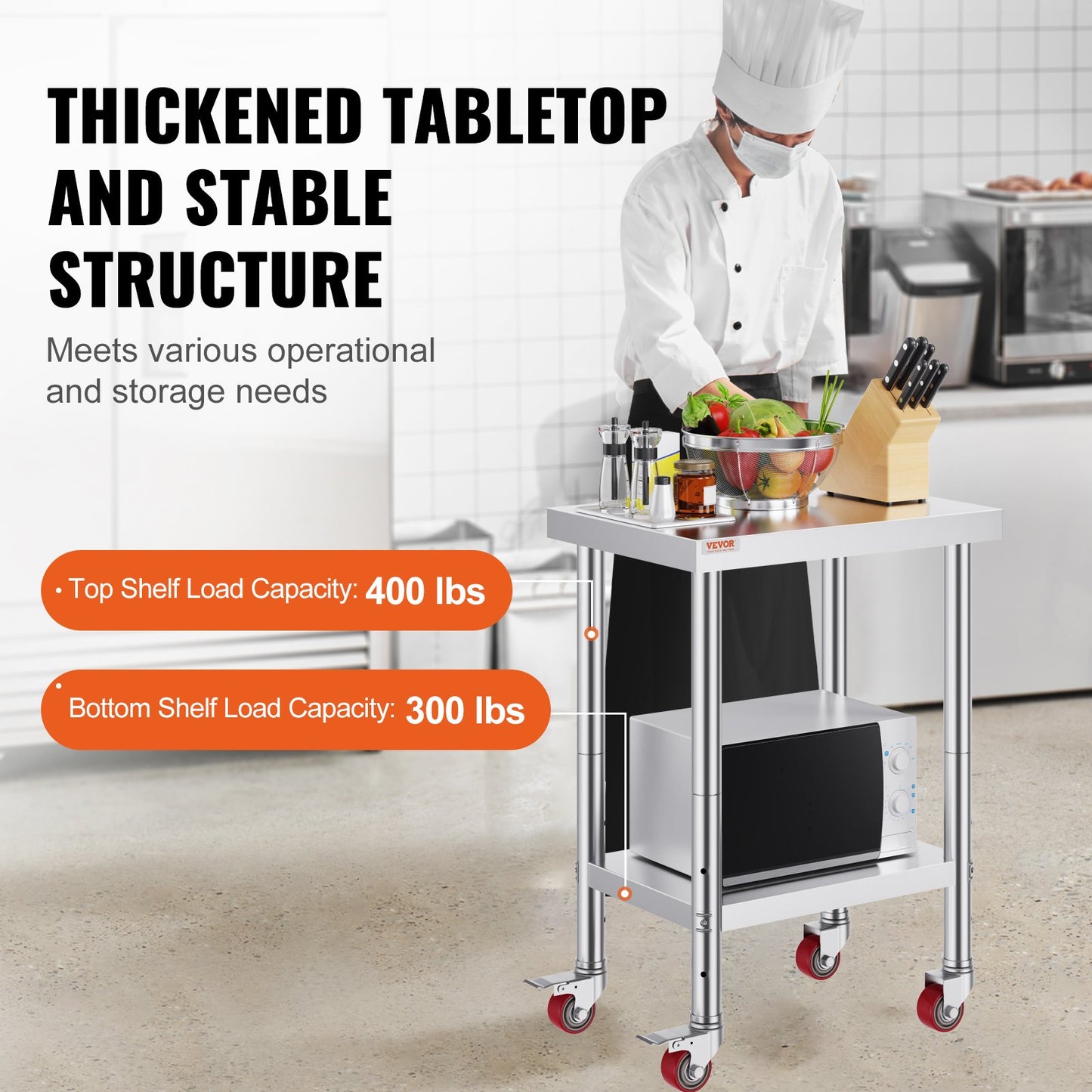 Stainless Steel Work Table 24 x 18 x 34 Inch, 700 LBS Load Capacity with 4 Wheels, 3 Adjustable Height Levels, Heavy Duty Food Prep Worktable for Commercial Kitchen Restaurant, Silver