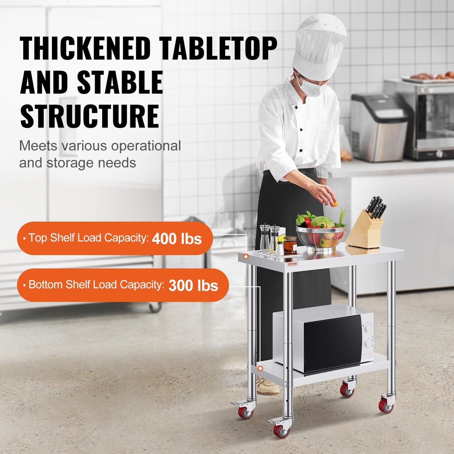 Stainless Steel Catering Work Table 30x18 Inch Commercial Kitchen Table with 4 Wheels Commercial Food Prep Workbench With Flexible Adjustment Shelf for Kitchen Prep Table