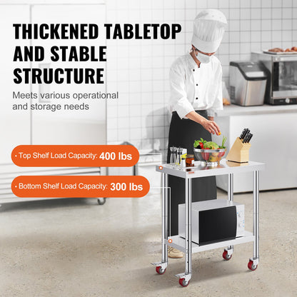 Stainless Steel Catering Work Table 30x18 Inch Commercial Kitchen Table with 4 Wheels Commercial Food Prep Workbench With Flexible Adjustment Shelf for Kitchen Prep Table