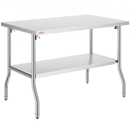 Commercial Worktable Workstation 48x30 Inch Folding Commercial Prep Table, Double-Shelf Stainless Steel Folding Table, Kitchen Work Table with 772 lbs Load Silver Stainless Steel Kitchen Island