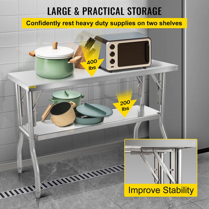 Kommersiellt arbetsbord, arbetsstation 121,9x61 cm, hopfällbart förberedelsebord, kraftigt hopfällbart bord i rostfritt stål med 350,2 kg belastning, köksarbetsbord, köksö i silverfärgad rostfritt stål