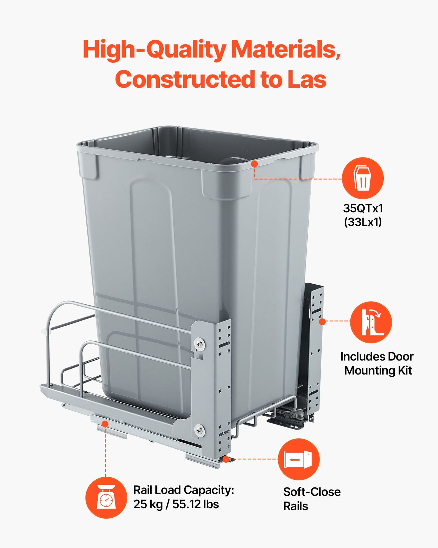 Utdragbar papperskorg för köksskåp, återvinningsbar soptunna, undermonterad avfallsbehållare, med kraftigt mjukstängande skjutsystem i metall och dörrkit, för diskho, under bänkskiva