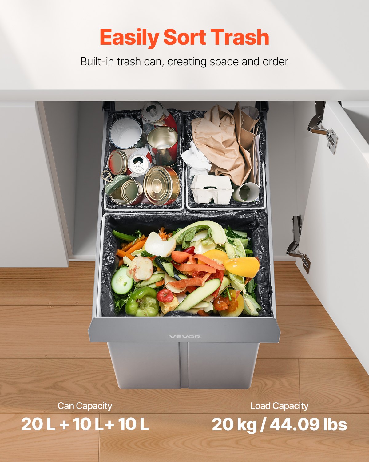 Pullout Trash Can for Kitchen Cabinets, 20+10+10L Double Under Sink Garbage Waste Recycling Bin, Under Mount Waste Container, with Heavy Duty Metal Full Extension Sliding System and Handle