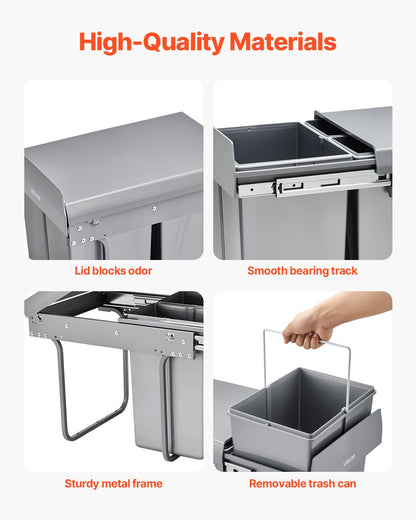 Pullout Trash Can for Kitchen Cabinets, 20+10+10L Double Under Sink Garbage Waste Recycling Bin, Under Mount Waste Container, with Heavy Duty Metal Full Extension Sliding System and Handle