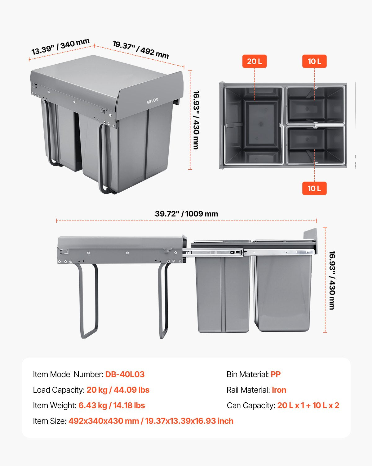 Pullout Trash Can for Kitchen Cabinets, 20+10+10L Double Under Sink Garbage Waste Recycling Bin, Under Mount Waste Container, with Heavy Duty Metal Full Extension Sliding System and Handle