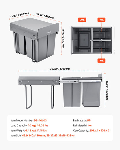 Pullout Trash Can for Kitchen Cabinets, 20+10+10L Double Under Sink Garbage Waste Recycling Bin, Under Mount Waste Container, with Heavy Duty Metal Full Extension Sliding System and Handle