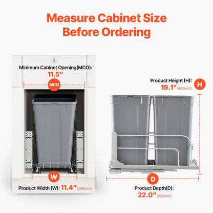 Utdragbar papperskorg, 27 QT x2 dubbel undermonterad köksavfallsbehållare, kraftig sophämtning med dörrkit och mjukstängande slid, för köksskåp, diskho, under bänkskiva (grå)