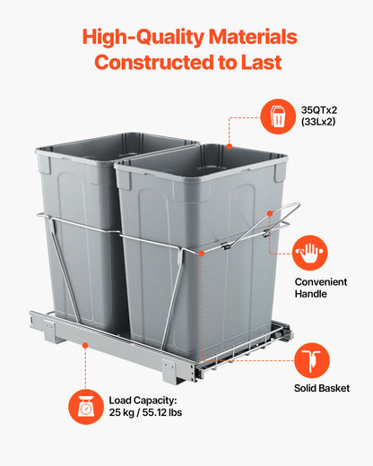 Pullout Trash Can for Kitchen Cabinets, Double Under Sink Garbage Waste Recycling Bin, Under Mount Waste Container, with Heavy Duty Metal Full Extension Sliding System and Handle