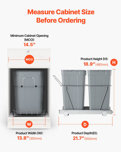 Pullout Trash Can for Kitchen Cabinets, Double Under Sink Garbage Waste Recycling Bin, Under Mount Waste Container, with Heavy Duty Metal Full Extension Sliding System and Handle