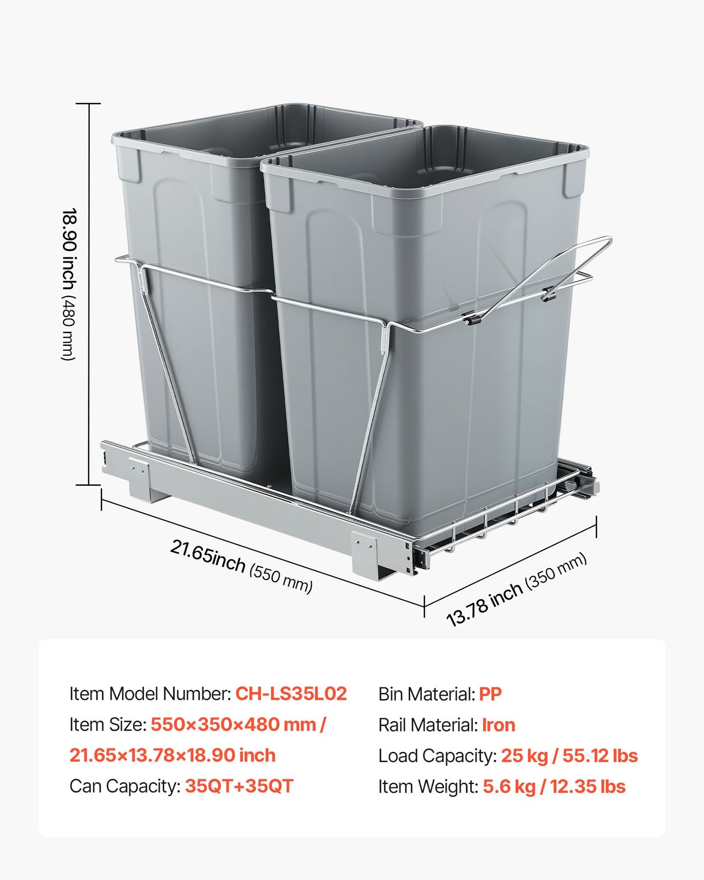 Pullout Trash Can for Kitchen Cabinets, Double Under Sink Garbage Waste Recycling Bin, Under Mount Waste Container, with Heavy Duty Metal Full Extension Sliding System and Handle