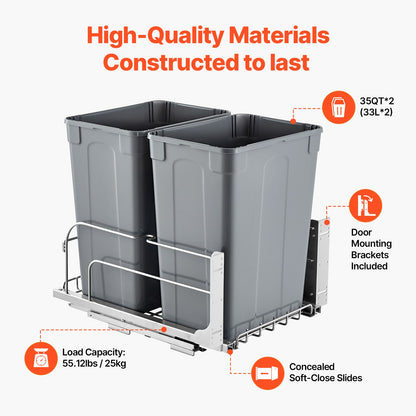 Utdragbar papperskorg, 35 QT x2 dubbel undermonterad köksavfallsbehållare, kraftig sophämtning med dörrkit och mjukstängande slid, för köksskåp, diskho, under bänkskiva (grå)