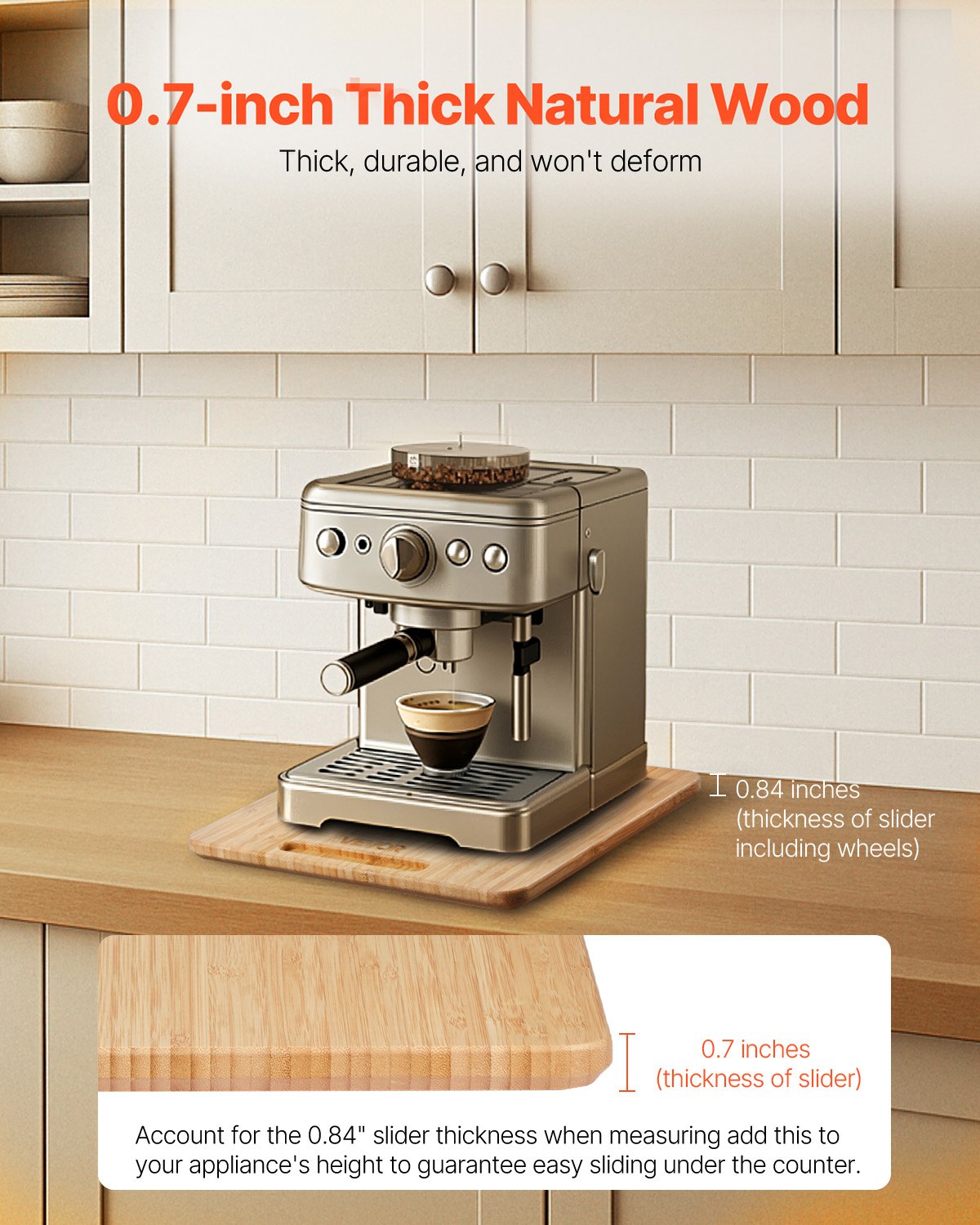 Apparatglidare, liten 10,5 x 13 tum, rullande glidbricka med gummihjul och ihåligt handtag, lätt att rengöra, rullande bricka för kaffebryggare, köksbänkskiva, naturligt trä