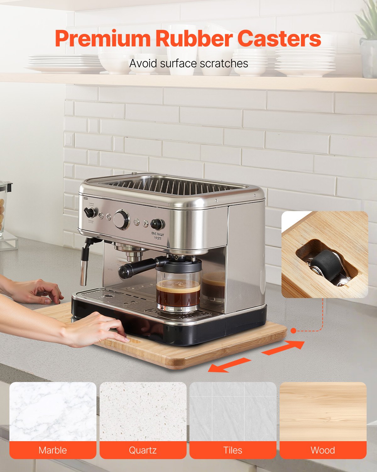 Apparatglidare, liten 10,5 x 13 tum, rullande glidbricka med gummihjul och ihåligt handtag, lätt att rengöra, rullande bricka för kaffebryggare, köksbänkskiva, naturligt trä