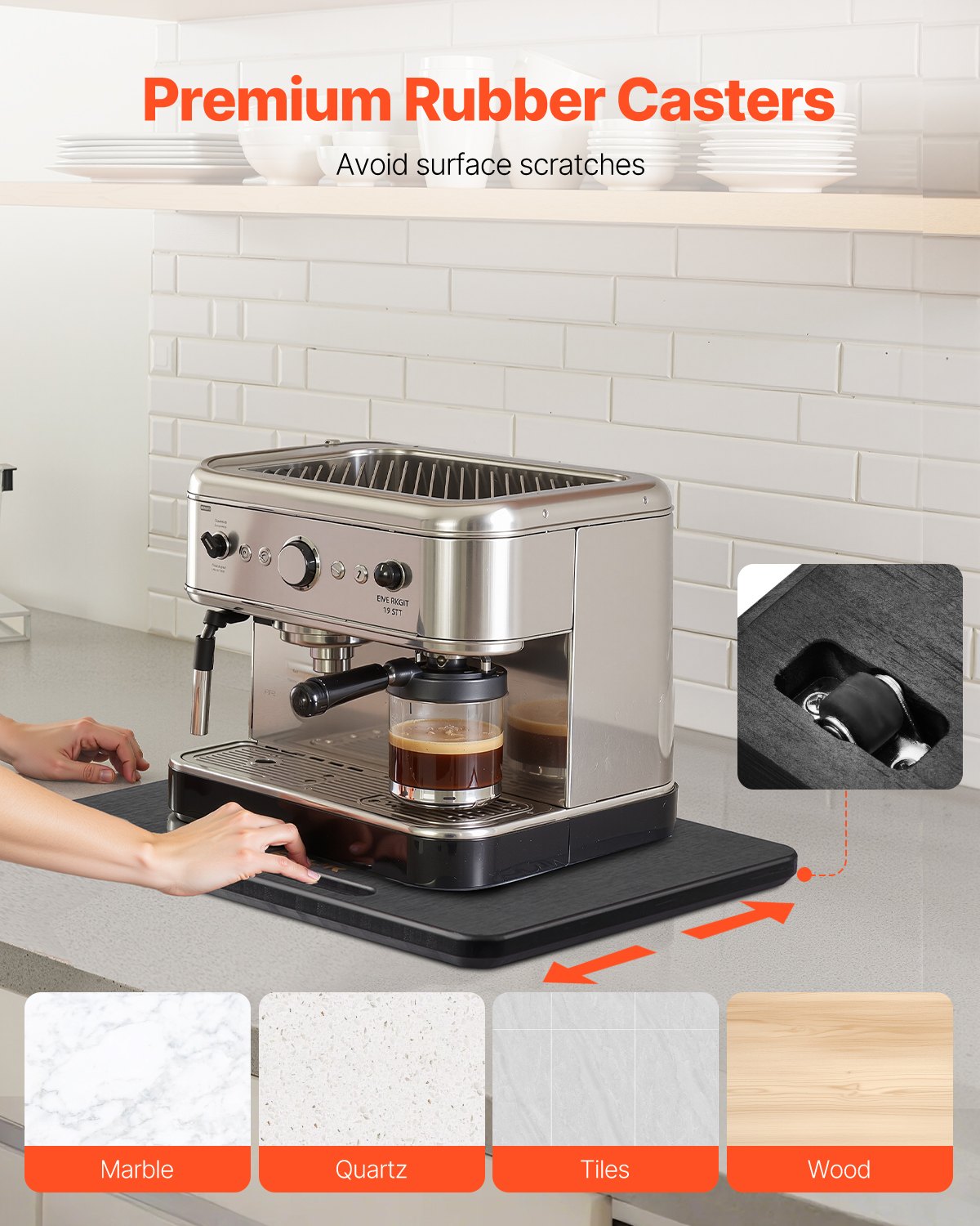 Apparatglidare, medelstor 13 x 16 tum, rullande glidbricka med tysta gummihjul och ihåligt handtag, lätt att rengöra, rullande bricka för kaffebryggare, köksbänkskiva, svart