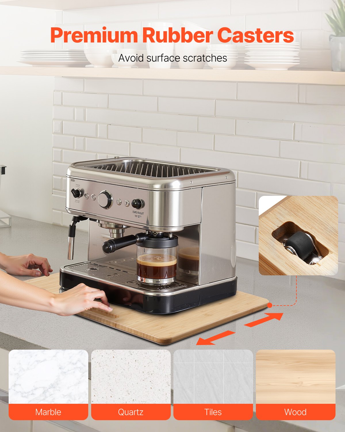 Apparatglidare, medelstor 13 x 16 tum, rullande glidbricka med gummihjul och ihåligt handtag, lätt att rengöra, rullande bricka för kaffebryggare, köksbänkskiva, naturträ