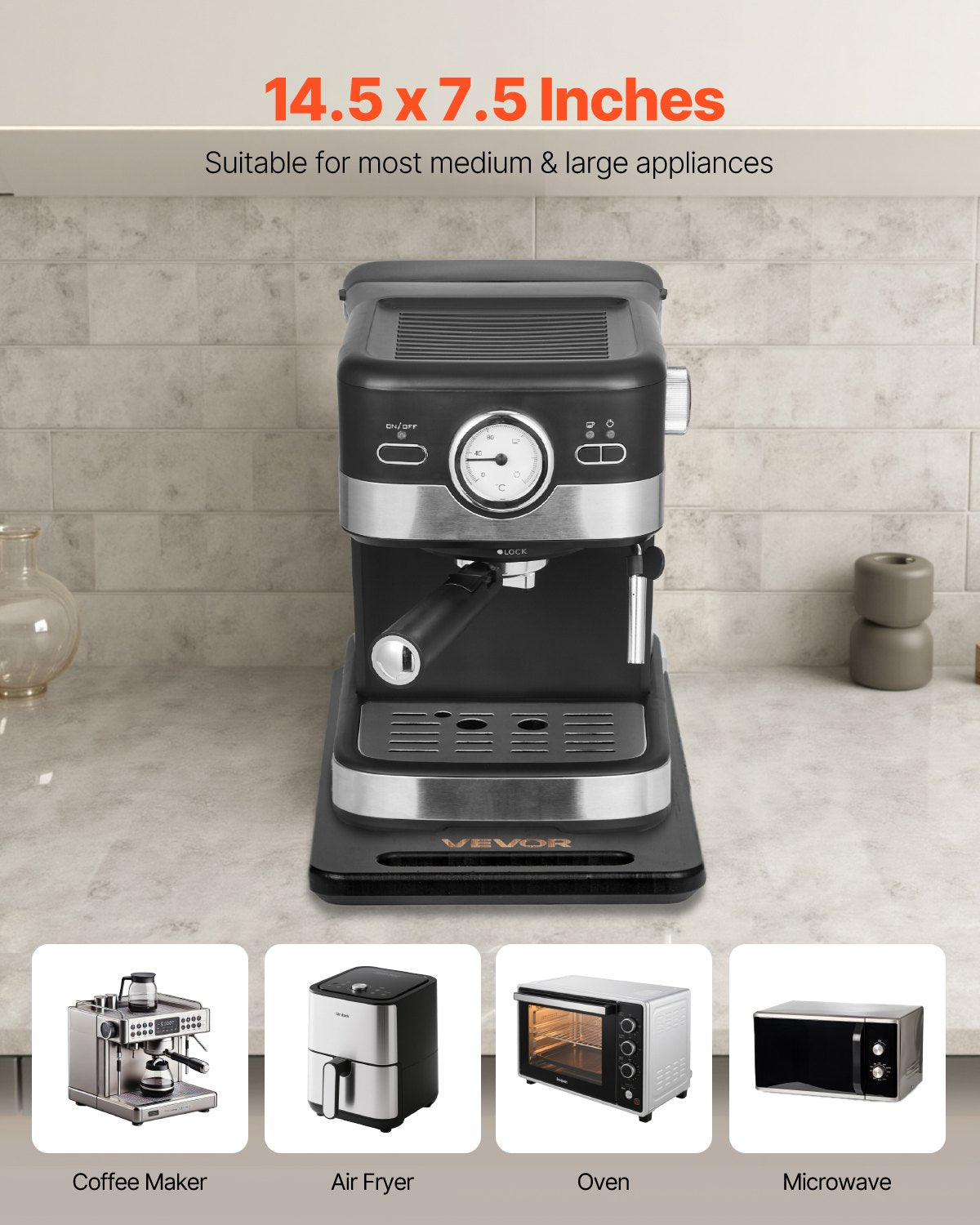 Apparatglidare, medelstor 14,5 x 7,5 tum, rullande glidbricka med tysta gummihjul och ihåligt handtag, lätt att rengöra, rullande bricka för kaffebryggare, köksbänkskiva, svart