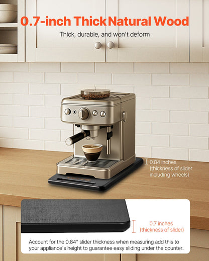 Apparatglidare, medelstor 14,5 x 7,5 tum, rullande glidbricka med tysta gummihjul och ihåligt handtag, lätt att rengöra, rullande bricka för kaffebryggare, köksbänkskiva, svart