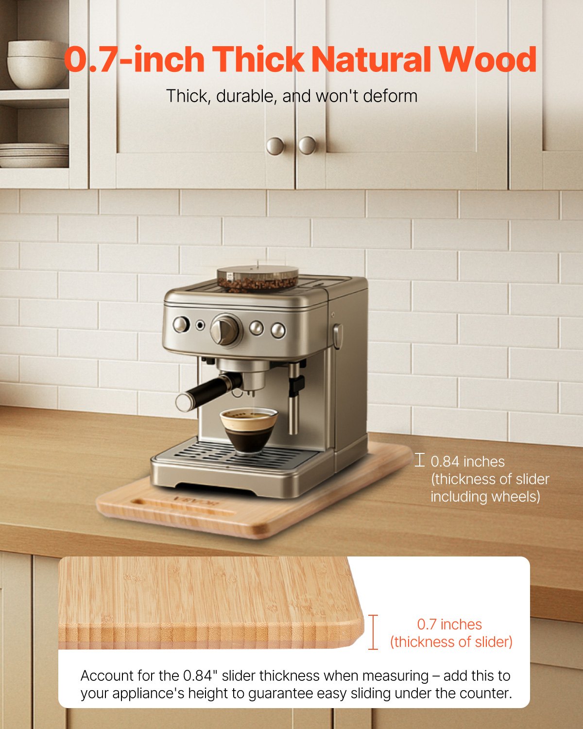 Apparatglidare, stor 16 x 12 tum, rullande glidbricka med gummihjul och ihåligt handtag, lätt att rengöra, rullande bricka för kaffebryggare, köksbänkskiva, naturträ