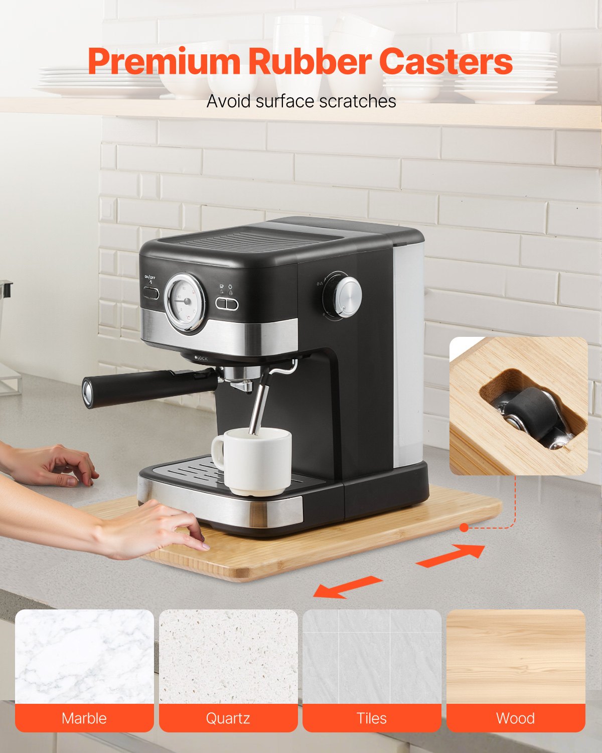 Apparatglidare, stor 16 x 12 tum, rullande glidbricka med gummihjul och ihåligt handtag, lätt att rengöra, rullande bricka för kaffebryggare, köksbänkskiva, naturträ