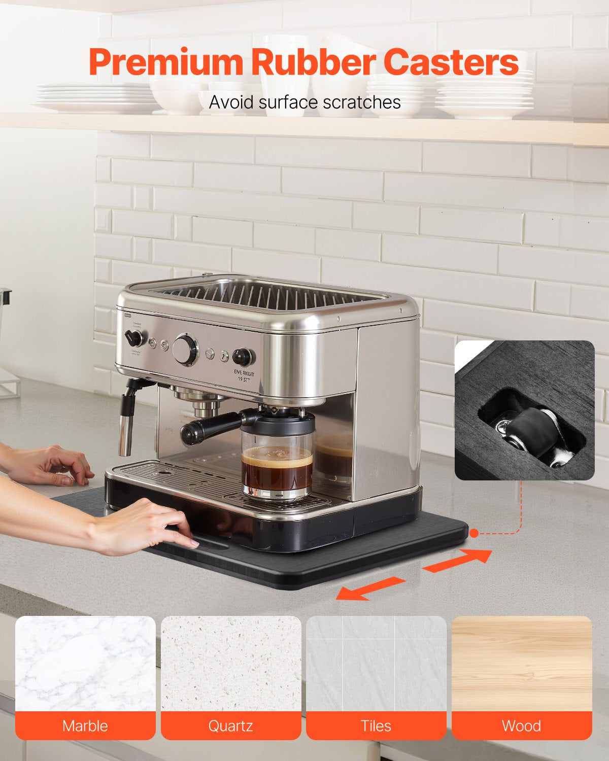 Apparatglidare, liten 10,5 x 13 tum, rullande glidbricka med tysta gummihjul och ihåligt handtag, lätt att rengöra, rullande bricka för kaffebryggare, köksbänkskiva, svart