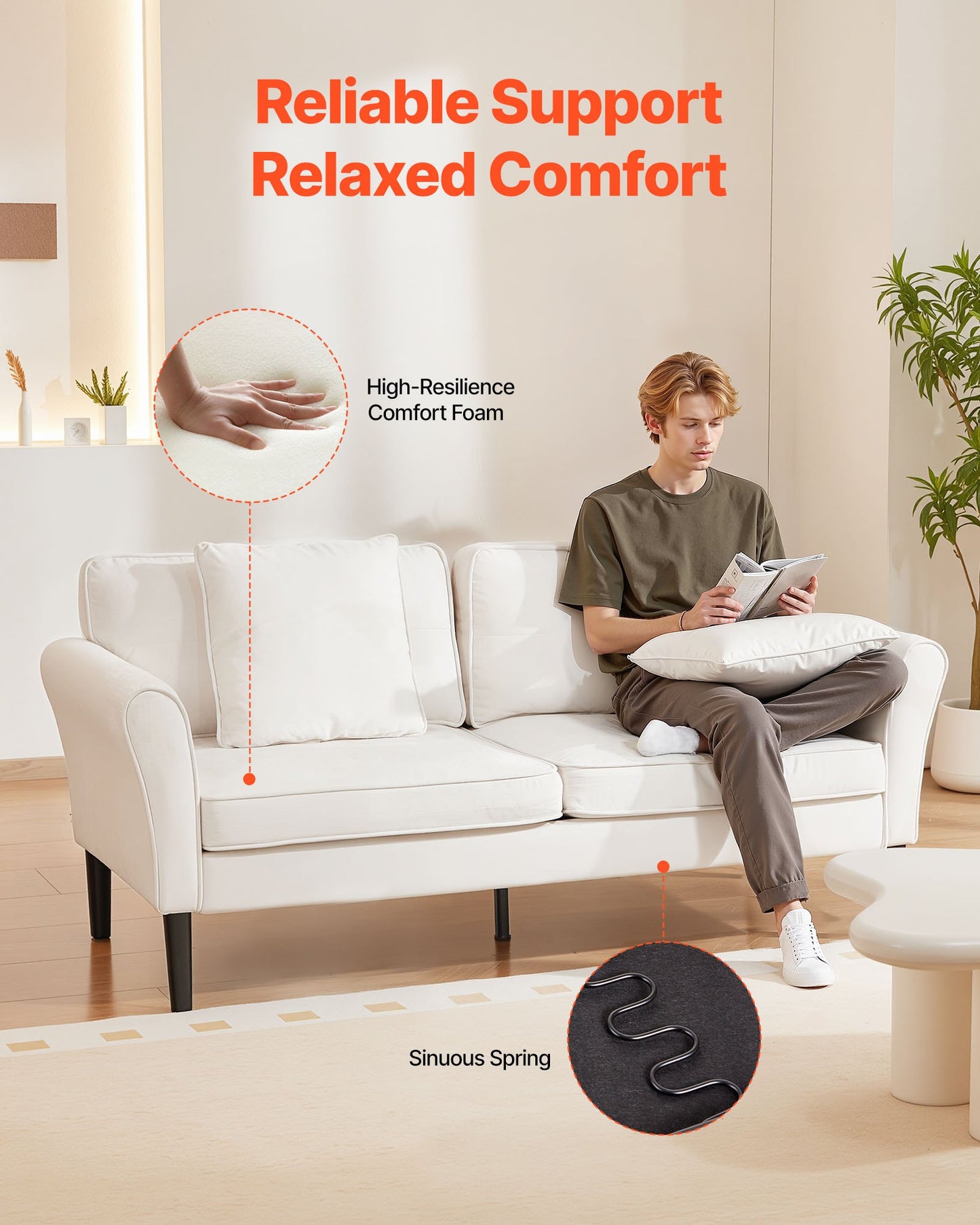 Loveseat Sofa, 176 cm Small Sofa Couch for Living Room, Velvet Fabric 2-Seats Couch with Sinuous Spring, Soft Cushions and Sturdy Frame, Comfy Loveseat for Bedroom, Office or Apartment, White