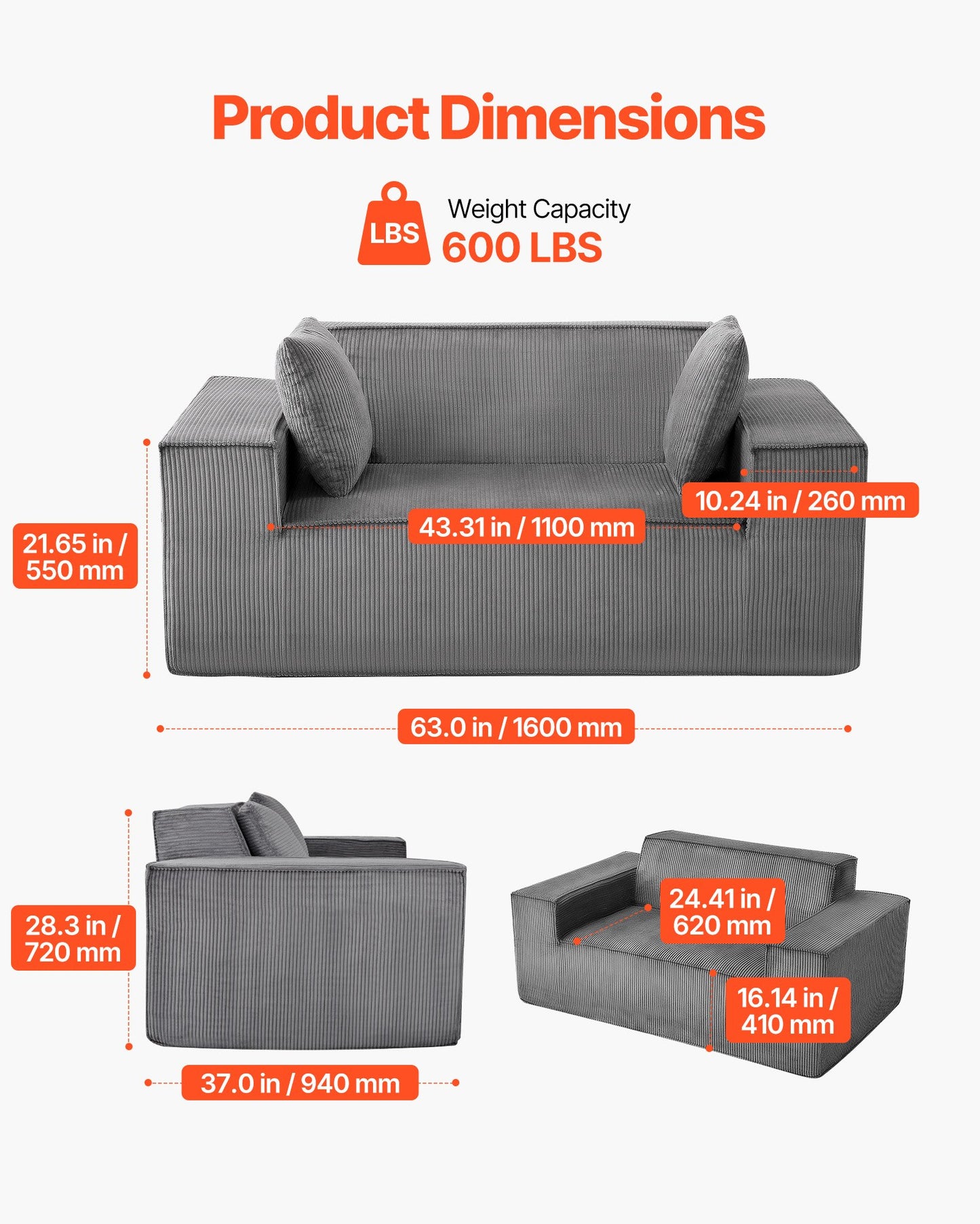 Loveseat Sofa, 160 cm 2-Seats Couch for Living Room, Modern Small Corduroy Couch with Pocket Springs, Soft Cushions, Comfy Loveseat for Bedroom, Office or Apartment, No Assembly Required, Gray
