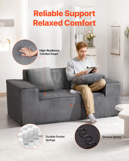 Loveseat Sofa, 160 cm 2-Seats Couch for Living Room, Modern Small Corduroy Couch with Pocket Springs, Soft Cushions, Comfy Loveseat for Bedroom, Office or Apartment, No Assembly Required, Gray