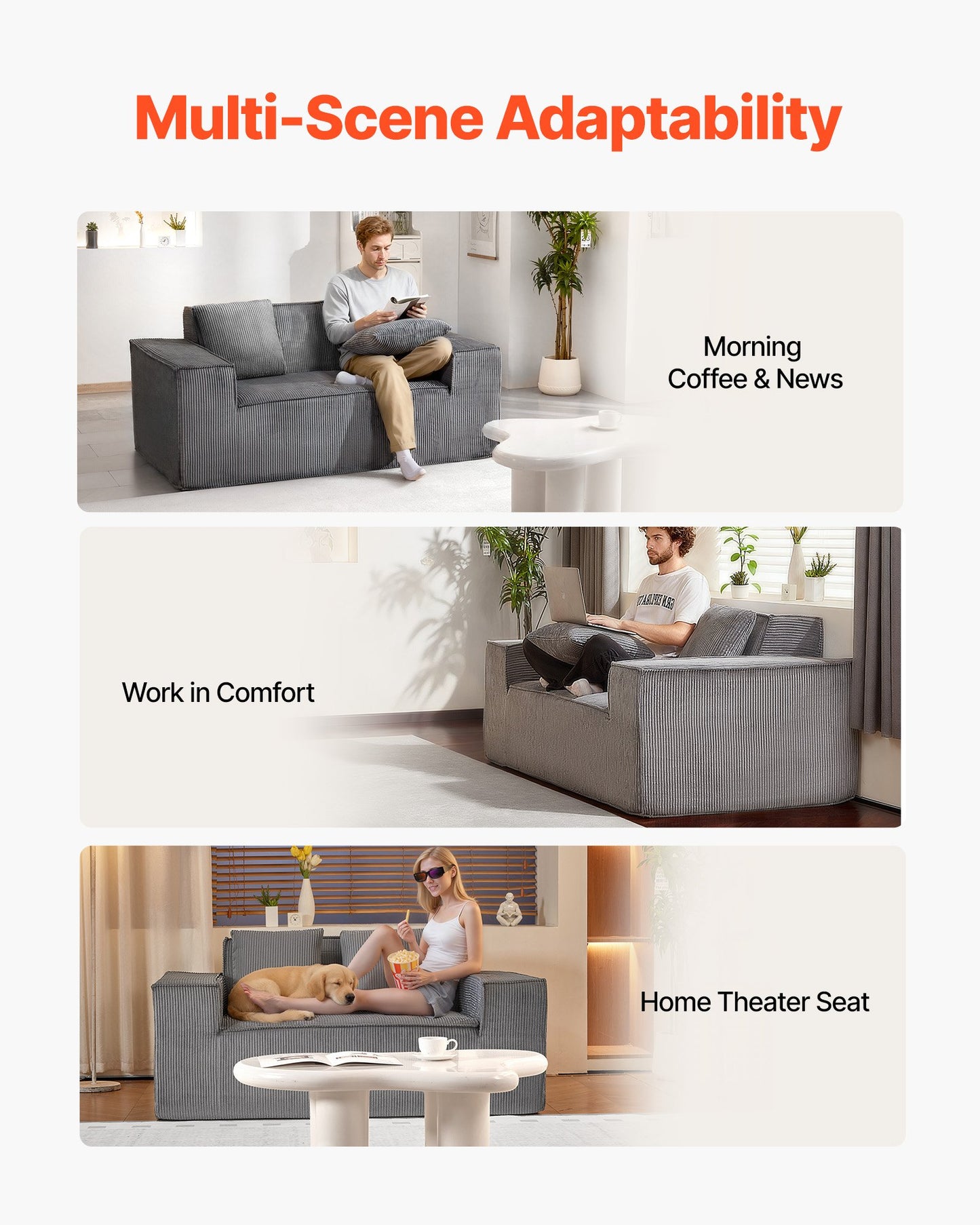 Loveseat Sofa, 160 cm 2-Seats Couch for Living Room, Modern Small Corduroy Couch with Pocket Springs, Soft Cushions, Comfy Loveseat for Bedroom, Office or Apartment, No Assembly Required, Gray