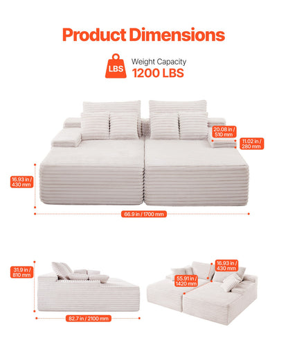 210 cm överdimensionerad dubbelschäslong, sektionssoffa i manchestertyg, mysig djupsitsad tvåsitssoffa med mjuka kuddar och prydnadskuddar för vardagsrum/sovrum, ingen montering krävs, beige
