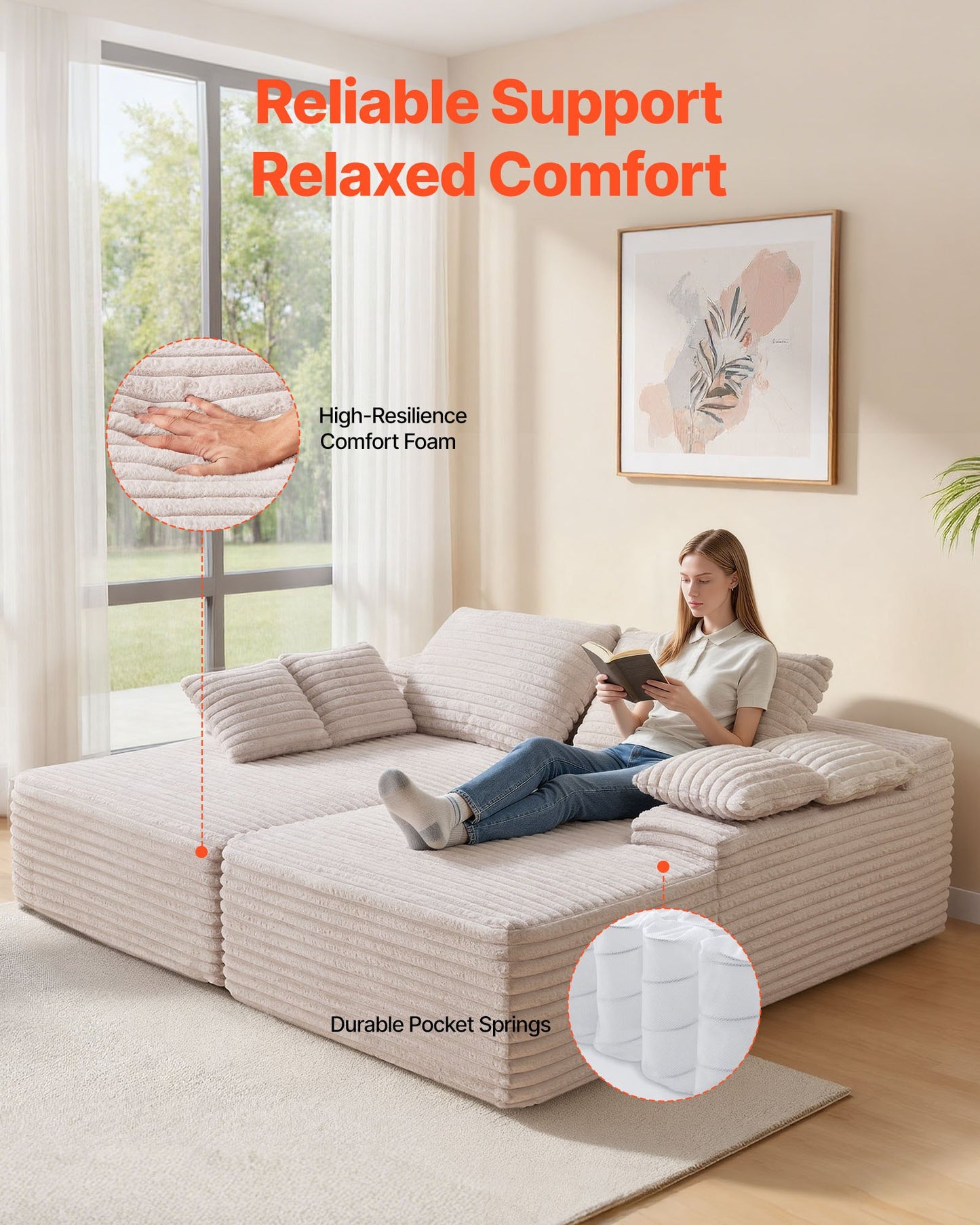 210 cm överdimensionerad dubbelschäslong, sektionssoffa i manchestertyg, mysig djupsitsad tvåsitssoffa med mjuka kuddar och prydnadskuddar för vardagsrum/sovrum, ingen montering krävs, beige