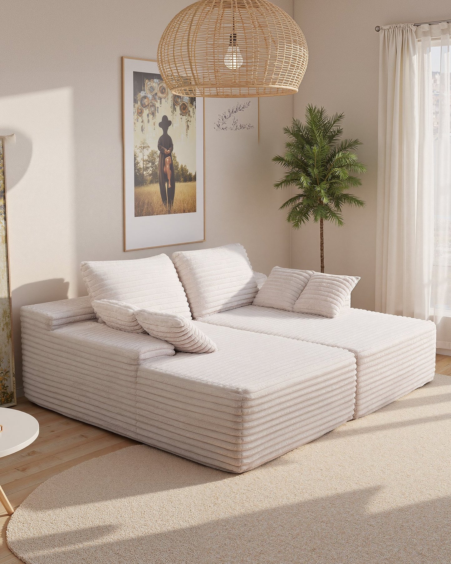 210 cm överdimensionerad dubbelschäslong, sektionssoffa i manchestertyg, mysig djupsitsad tvåsitssoffa med mjuka kuddar och prydnadskuddar för vardagsrum/sovrum, ingen montering krävs, beige