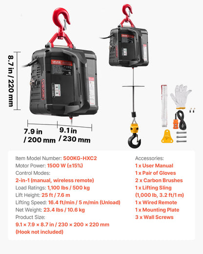 2-in-1 Electric Hoist Winch, 500 kg Capacity, 1500W Portable Power Winch Crane, 7.6 m Lifting Height, 5 m/min with Manual and Wired Remote Control for Factory, Warehouss, Garage