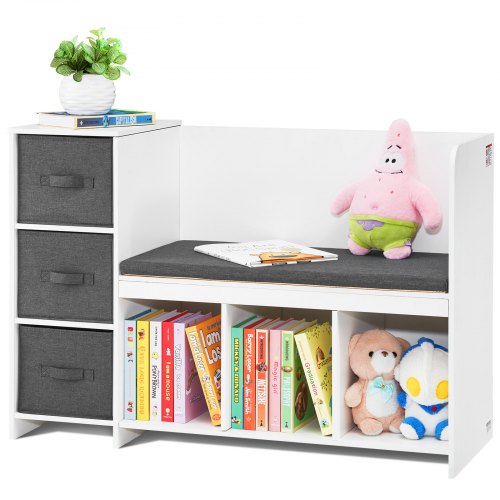 Kids Reading Nook Bench, Toddler Bookshelf and Bookcase with Detachable Seat Cushion, 6-Cubby Storage Organizer Bench with 3 Drawers, Ideal for Playroom, Bedroom, Living Room or Entryway, White