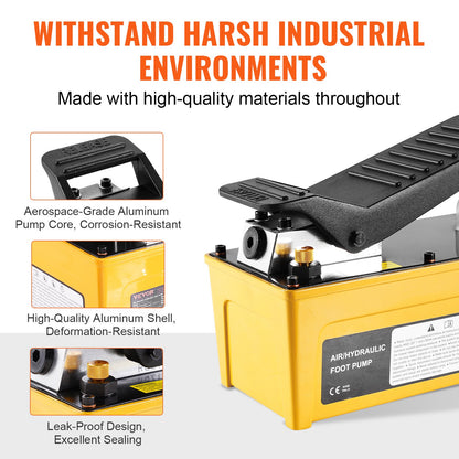 689 bar (10 000 PSI) lufthydraulisk pump, 1,6 l (0,42 gal) behållare, NPT 9,5 mm (3/8 tum) oljeutlopp, NPT 6,4 mm (1/4 tum) inlopp, luftdriven pedalfotpump med aluminiumhölje, för bilreparationsramsmaskin och hydraulpress