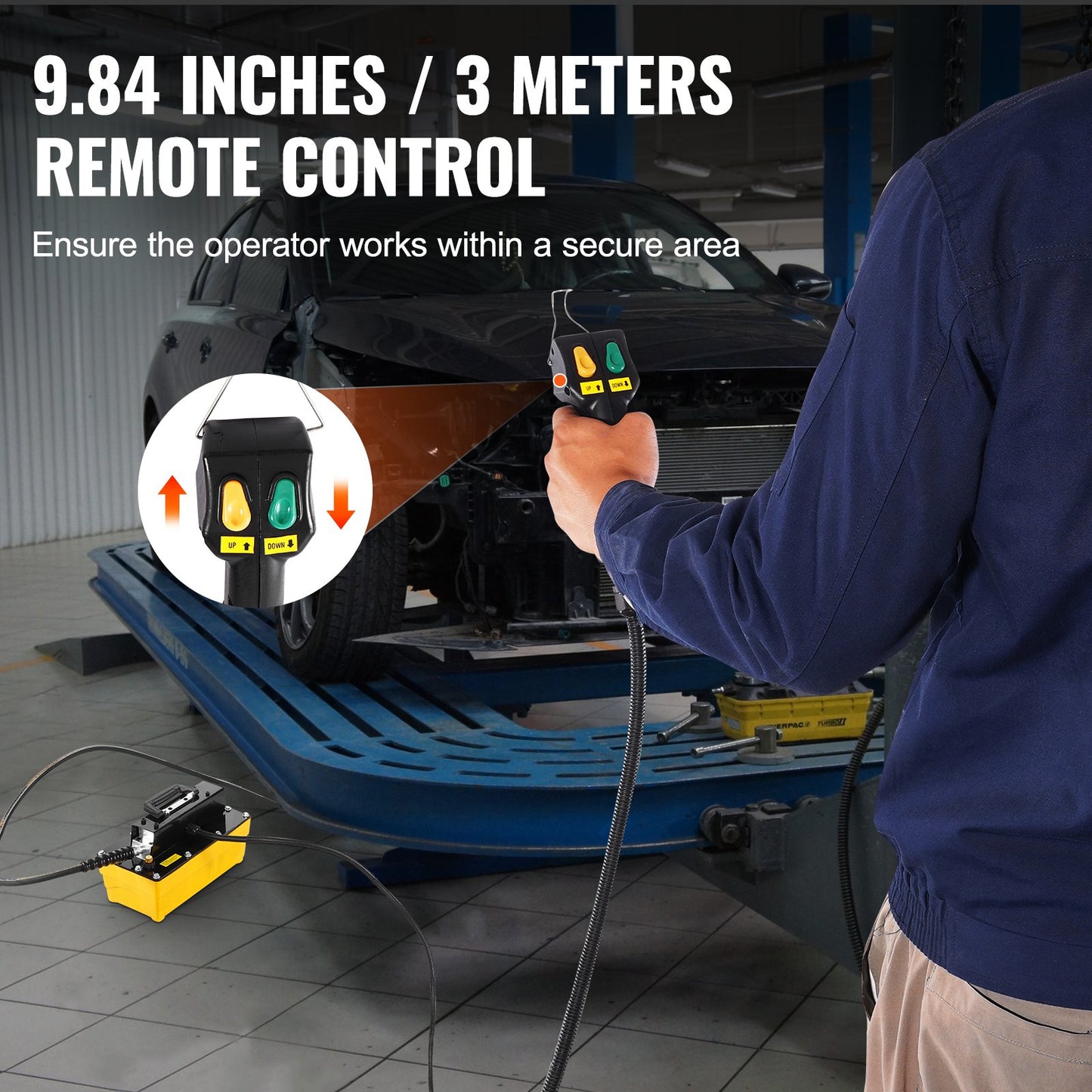 689 bar(10,000PSI) Air Hydraulic Pump, 2.3 L(0.61 Gal) Reservoir, NPT 9.5mm(3/8 In) Oil Outlet, NPT 6.4mm(1/4 In) Inlet, Plastic Air Hydraulic Pump with Remote Control Actuator, for Automobile Frame Machine & Hydraulic Press