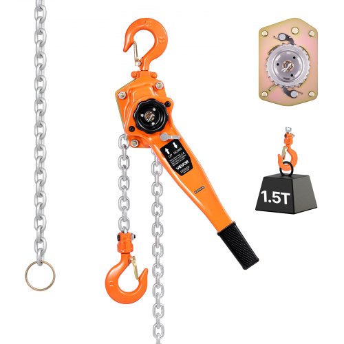 Manual Lever Chain Hoist, 1-1/2T 1500KG Capacity Heavy Duty Come Along, 3M Lift G80 Alloy Steel Chain With Dual Pawl Mechanical Brake, 360° Rotating Hooks, for Warehouse Construction Garage
