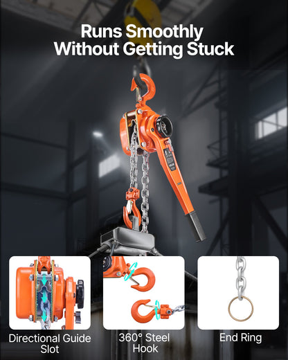 Manual Lever Chain Hoist, 1-1/2T 1500KG Capacity Heavy Duty Come Along, 3M Lift G80 Alloy Steel Chain With Dual Pawl Mechanical Brake, 360° Rotating Hooks, for Warehouse Construction Garage