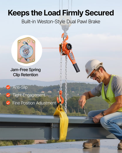 Manual Lever Chain Hoist, 1T 1000KG Capacity Heavy Duty Come Along, 3M Lift G80 Alloy Steel Chain With Dual Pawl Mechanical Brake, 360° Rotating Hooks, for Warehouse Construction Garage