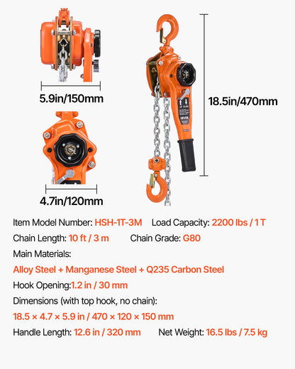 Manual Lever Chain Hoist, 1T 1000KG Capacity Heavy Duty Come Along, 3M Lift G80 Alloy Steel Chain With Dual Pawl Mechanical Brake, 360° Rotating Hooks, for Warehouse Construction Garage