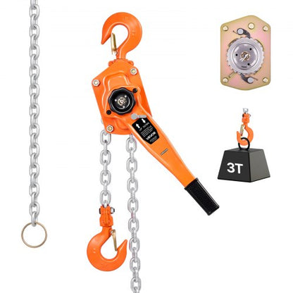 Manual Lever Chain Hoist, 3T 3000KG Capacity Heavy Duty Come Along, 6M Lift G80 Alloy Steel Chain With Dual Pawl Mechanical Brake, 360° Rotating Hooks, for Warehouse Construction Garage