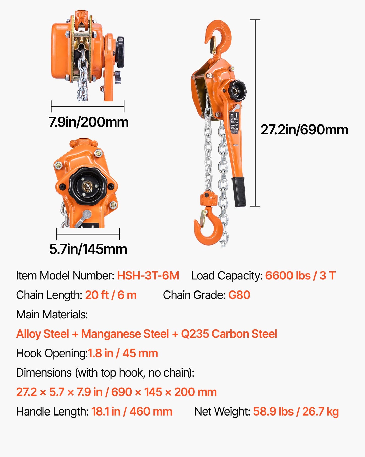 Manual Lever Chain Hoist, 3T 3000KG Capacity Heavy Duty Come Along, 6M Lift G80 Alloy Steel Chain With Dual Pawl Mechanical Brake, 360° Rotating Hooks, for Warehouse Construction Garage