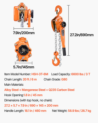 Manual Lever Chain Hoist, 3T 3000KG Capacity Heavy Duty Come Along, 6M Lift G80 Alloy Steel Chain With Dual Pawl Mechanical Brake, 360° Rotating Hooks, for Warehouse Construction Garage
