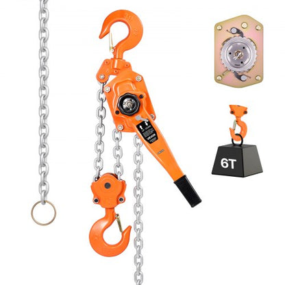 Manual Lever Chain Hoist, 6T 6000KG Capacity Heavy Duty Come Along, 3M Lift G80 Alloy Steel Chain With Dual Pawl Mechanical Brake, 360° Rotating Hooks, for Warehouse Construction Garage