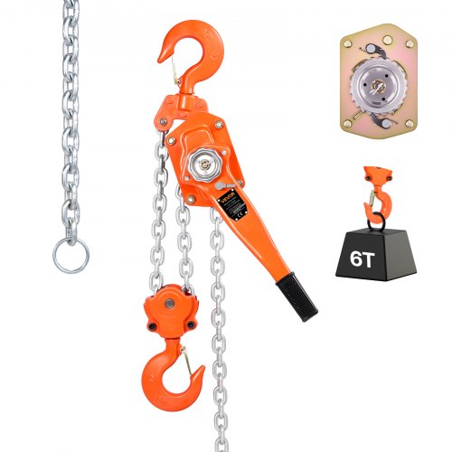 Manual Lever Chain Hoist, 6T 6000KG Capacity Heavy Duty Come Along, 6M Lift G80 Alloy Steel Chain With Dual Pawl Mechanical Brake, 360° Rotating Hooks, for Warehouse Construction Garage