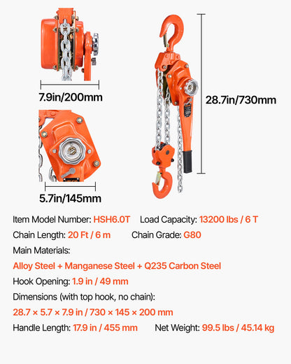 Manual Lever Chain Hoist, 6T 6000KG Capacity Heavy Duty Come Along, 6M Lift G80 Alloy Steel Chain With Dual Pawl Mechanical Brake, 360° Rotating Hooks, for Warehouse Construction Garage