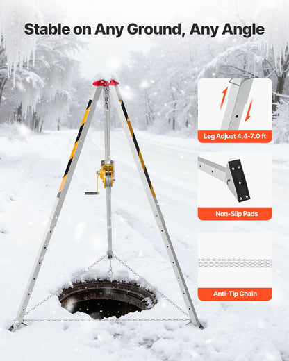 Confined Space Tripod Kit, Heavy Duty Rescue Tripod Lifting Hoist 544 kg Winch, 1.25 m Adjustable Legs, 30 m Cable Portable Kit, 10 m Fall Protection, 1.34-2.15 m Working Height