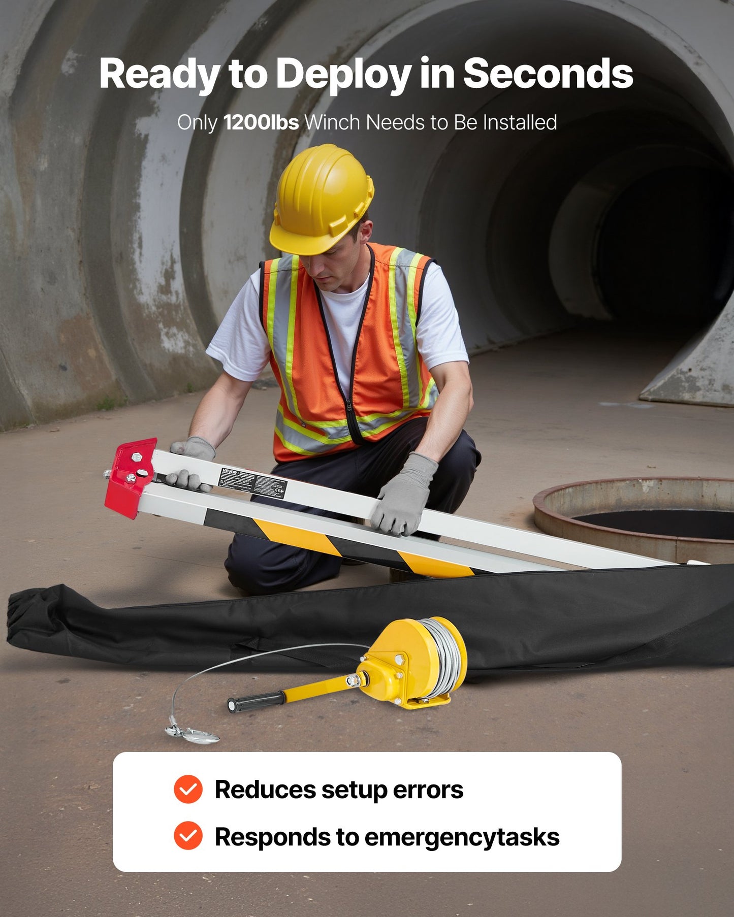 Confined Space Tripod Kit, Heavy Duty Rescue Tripod Lifting Hoist 544 kg Winch, 1.25 m Adjustable Legs, 30 m Cable Portable Kit, 10 m Fall Protection, 1.34-2.15 m Working Height