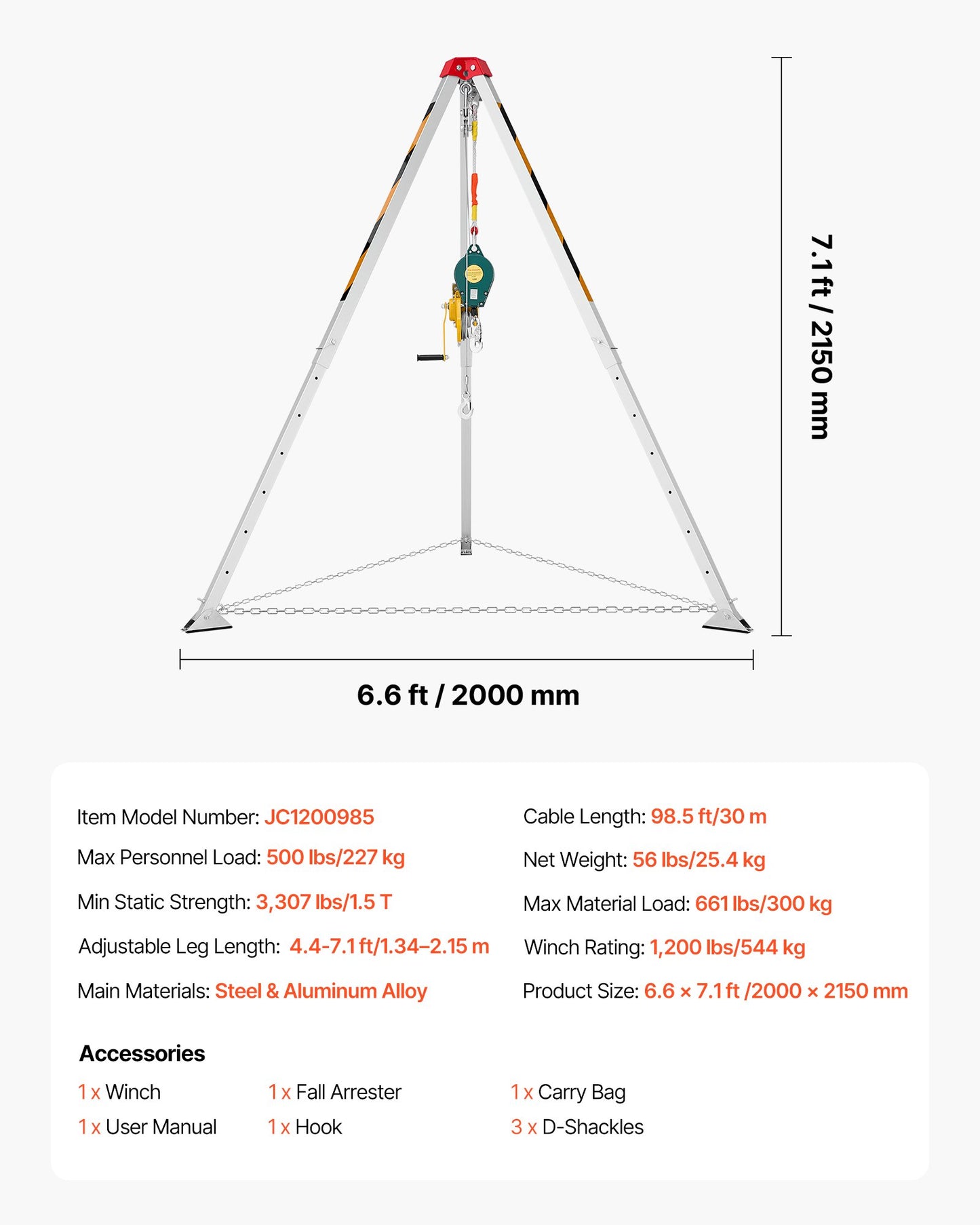 Confined Space Tripod Kit, Heavy Duty Rescue Tripod Lifting Hoist 544 kg Winch, 1.25 m Adjustable Legs, 30 m Cable Portable Kit, 10 m Fall Protection, 1.34-2.15 m Working Height