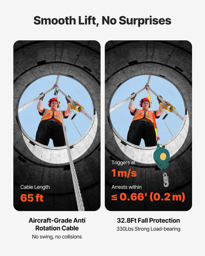 Confined Space Tripod Kit, Heavy Duty Rescue Tripod Lifting Hoist 816 kg Winch, 1.25 m Adjustable Legs, 19.8 m Cable Portable Kit, 10 m Fall Protection, 1.34-2.15 m Working Height