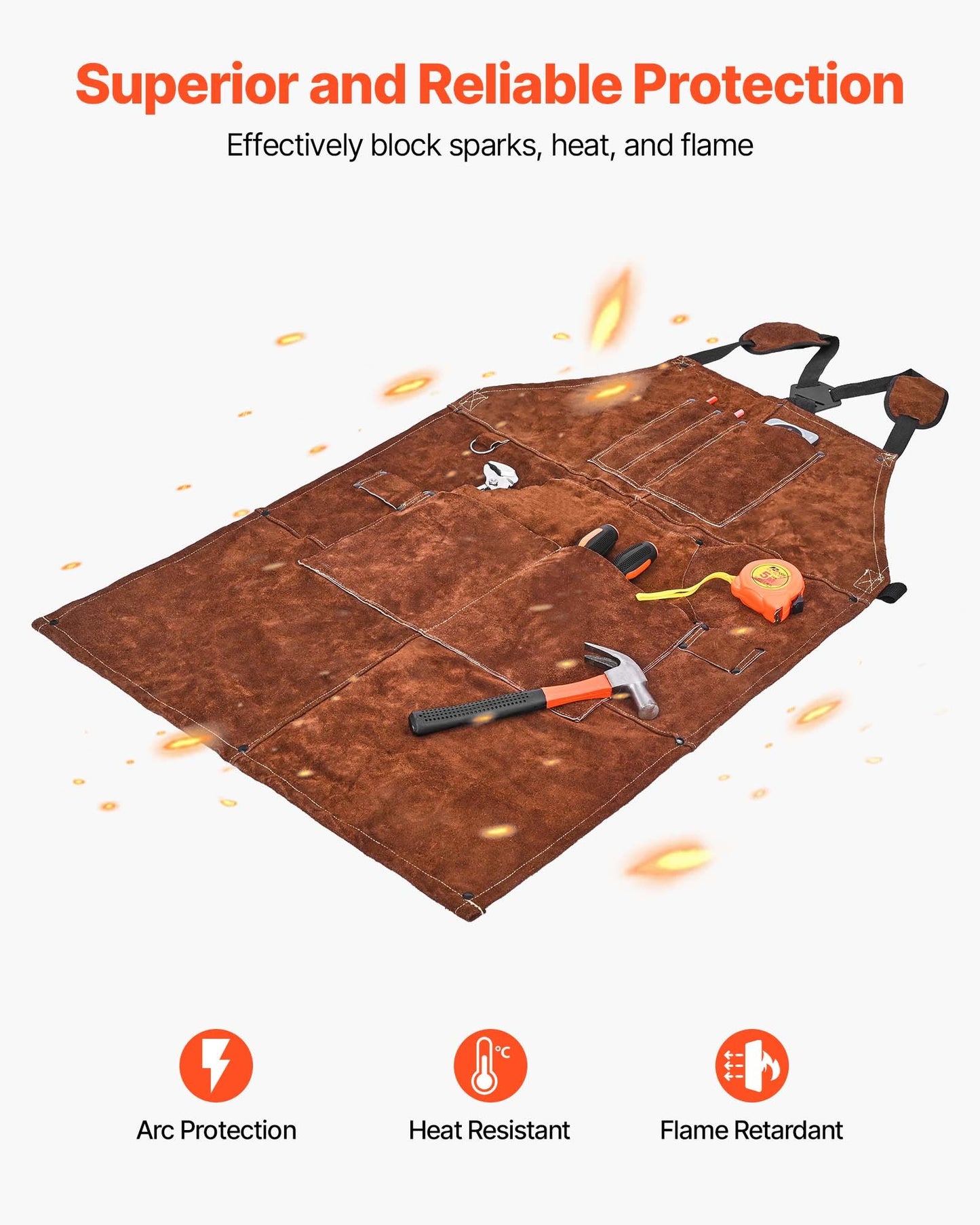 Leather Welding Work Apron, Heavy Duty Cowhide Flame Resistant Welding Apron, Heat-Resistant Blacksmith Welder Aprons with 6 Tool Pockets for Woodworking, Gardening, BBQ